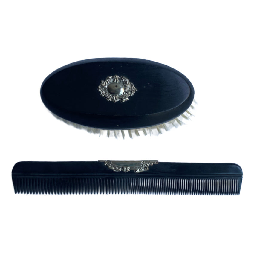 Antique Ebony Mirror, Brush and Comb Set Cased