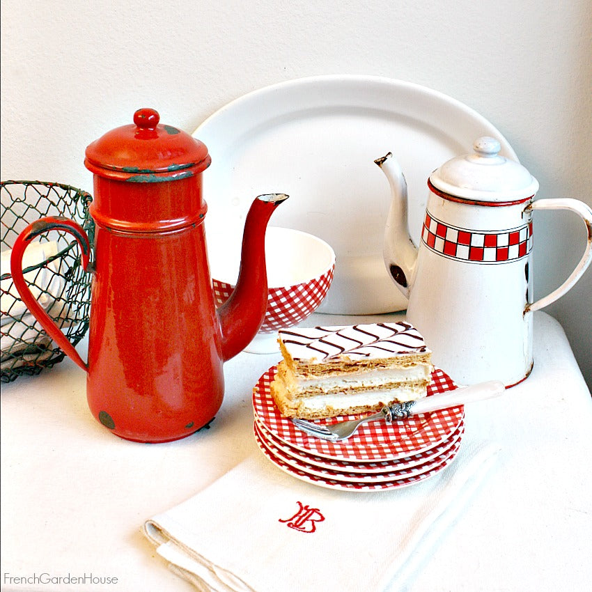 Antique French Red & White Checked Coffee Pot