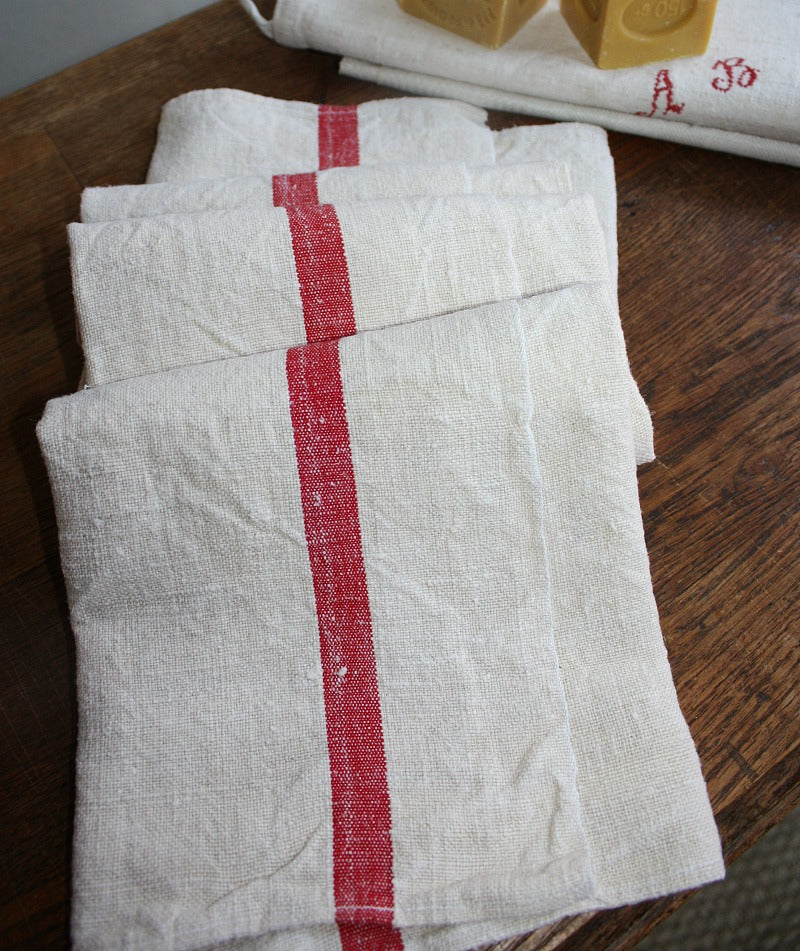 Antique French Hand Woven Natural Linen Towel With Red Stripes