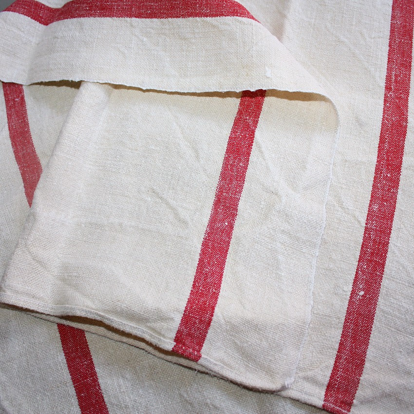 Antique French Hand Woven Natural Linen Towel With Red Stripes