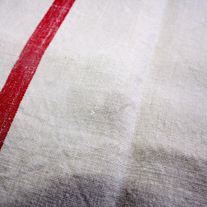 Antique French Hand Woven Natural Linen Towel With Red Stripes