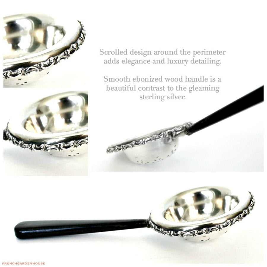 sterling floral and ebonized handle tea strainer