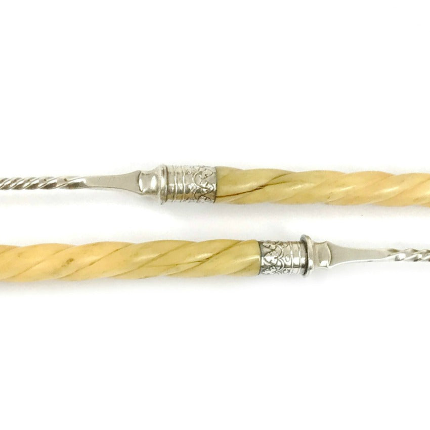 Rare Antique Pickle Hors d&#39;Oeuvres Serving Forks with Twisted Handles Pair