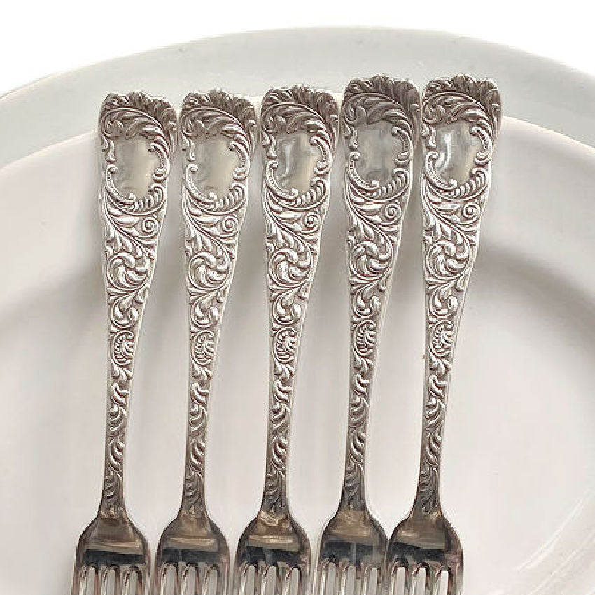 Antique Silver Plated Forks with Feather Design Set of 5