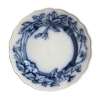 set of six antique English Flow Blue plates with rosebuds ivy garlands and scroll border