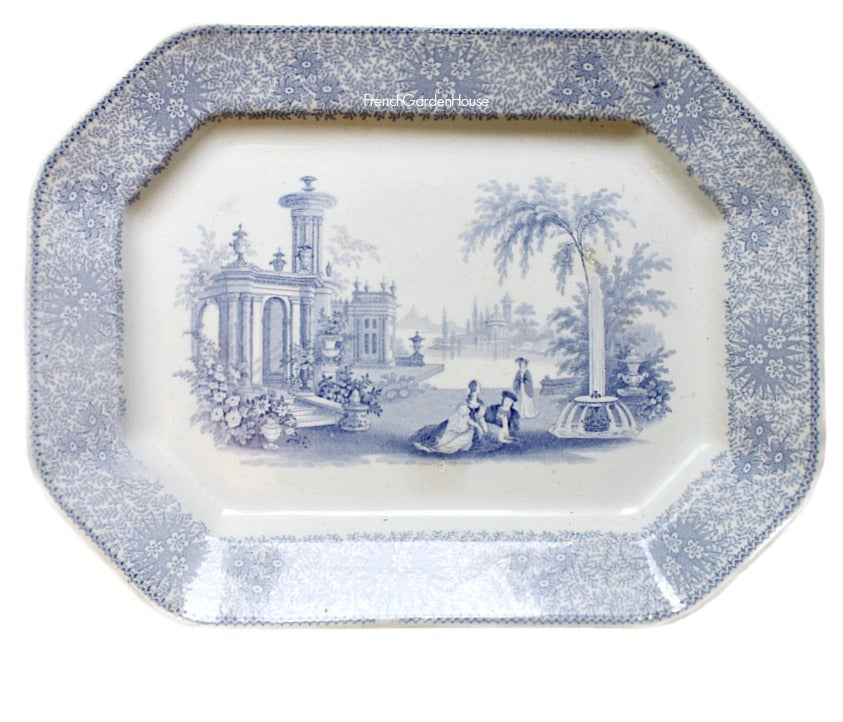 antique ironstone platter with dog scene