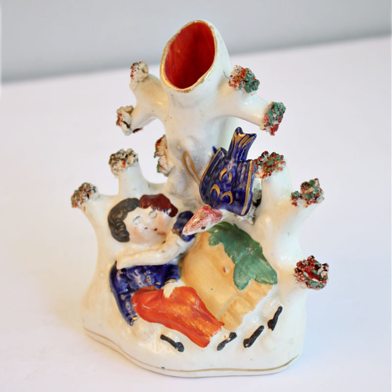 Antique hand painted Staffordshire figurine couple under romantic tree scene