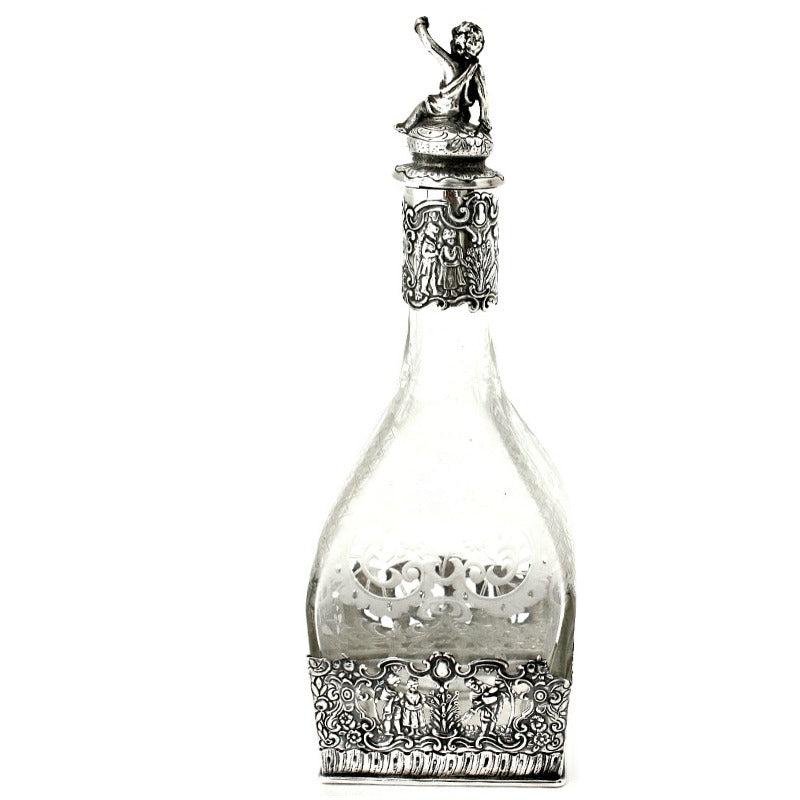 Antique  Sterling Silver Repousse Cherub Overlay Etched Crystal Decanter