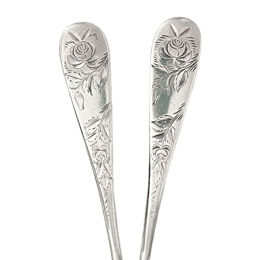 Antique Sterling Inlaid Spoons with Rose Engravings Set of 2