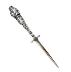 Antique sterling silver letter opener with an embellished handle featuring a rose and Victorian feminine swirls.
