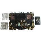 Napoleon III papier mâché inkwell stand with hand-painted florals, mother of pearl inlay, open glass inkwells, and original pen, circa 1870.