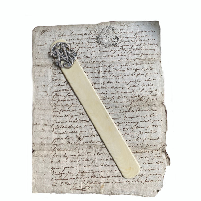 Antique Silver monogram page turner on antique French letters