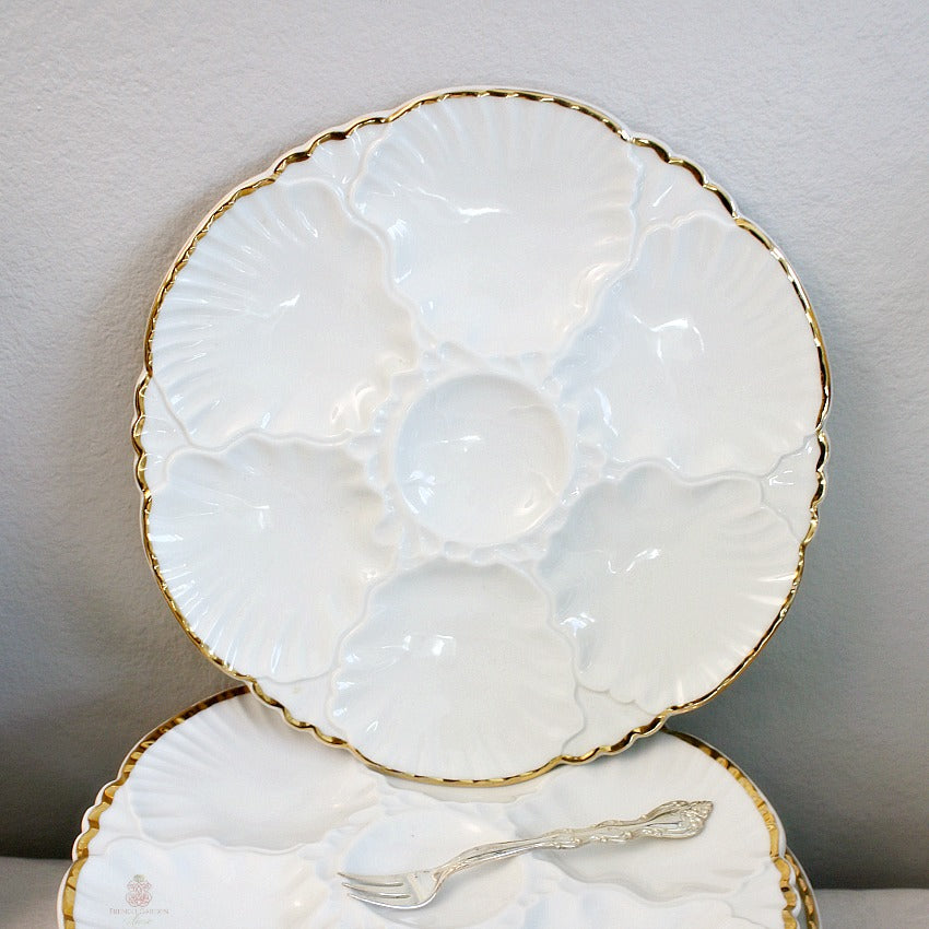 Six-well glazed oyster plate, pristine white, Belgian porcelain collector’s item