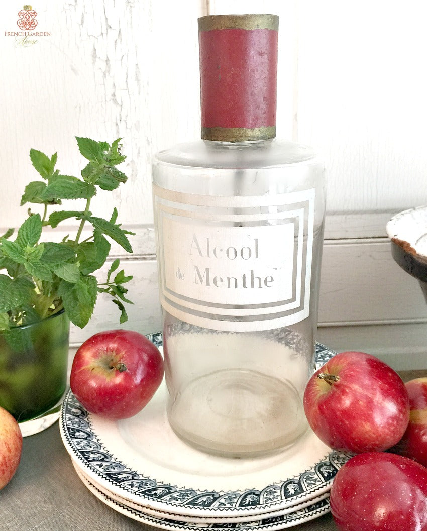 Antique French Apothecary Glass and Tole Bottle Menthe