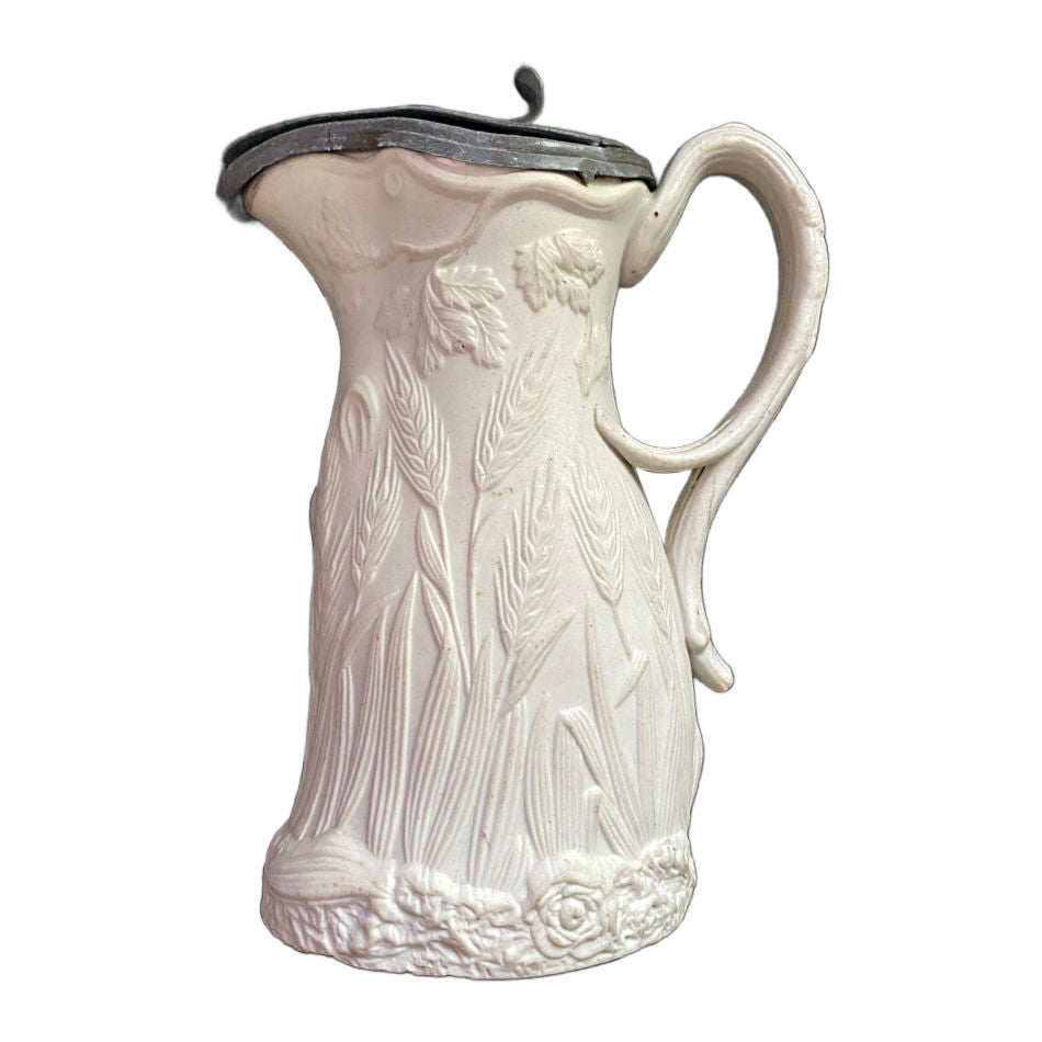 1851 english parian porcelain syrup pitcher with wheat motif decor