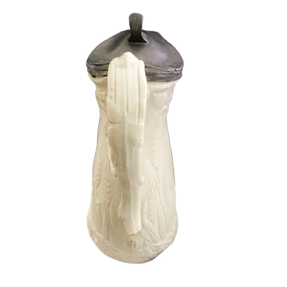 antique white ironstone style pitcher with floral wheat relief handle detail