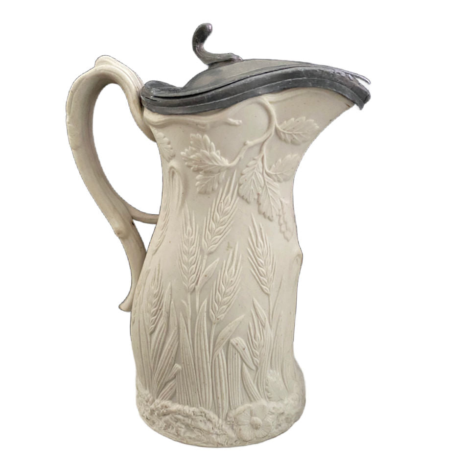 1851 english parian porcelain syrup pitcher with wheat motif decor