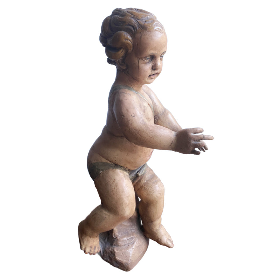 18th century Italian carved wood and polychromed figure of Baby Jesus, beautifully detailed devotional santos sculpture—rare sacred art with exquisite patina