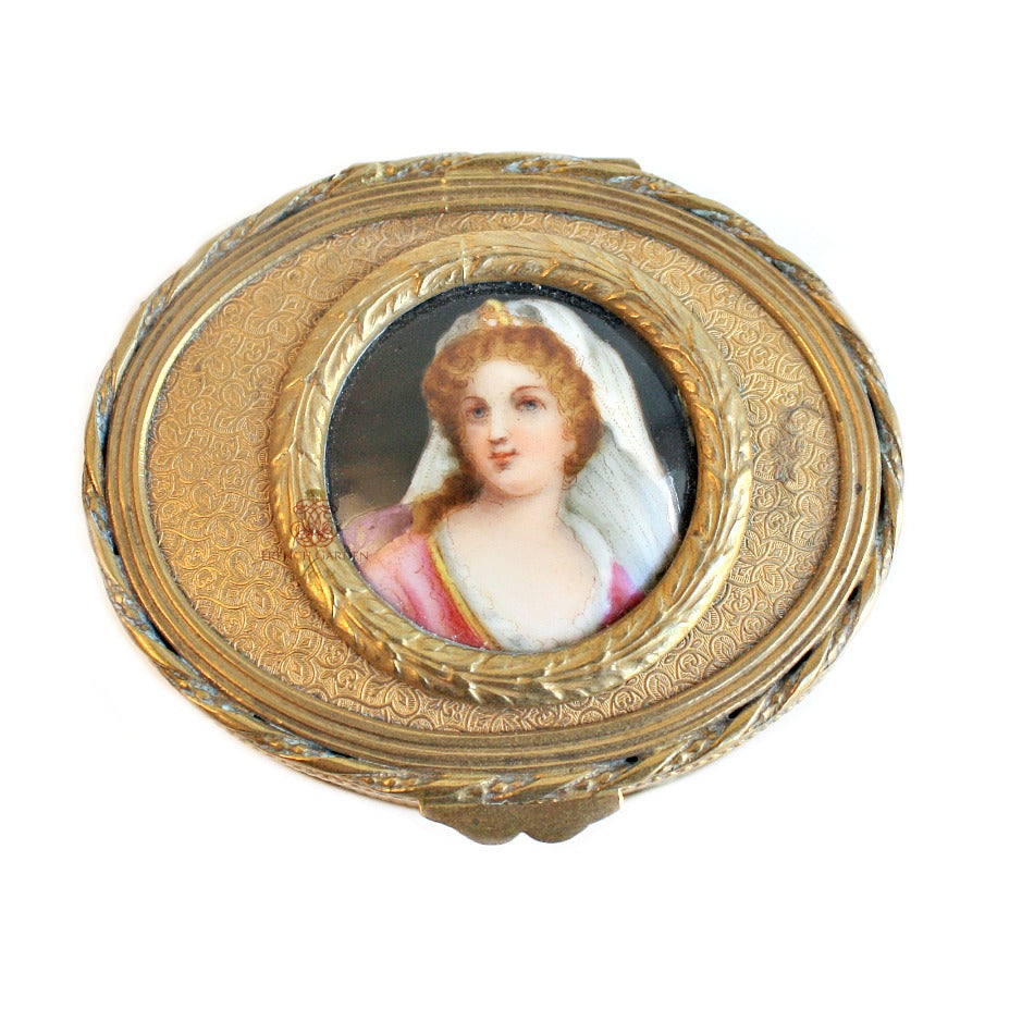 19th Century French Gilt Bronze Limoges Portrait Jewelry Box Oval