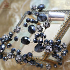Art Deco sterling dice charm necklace with miniature dice case, 34" black Czech glass chain, decorative rhinestones, elegant, rare, collectible jewelry.