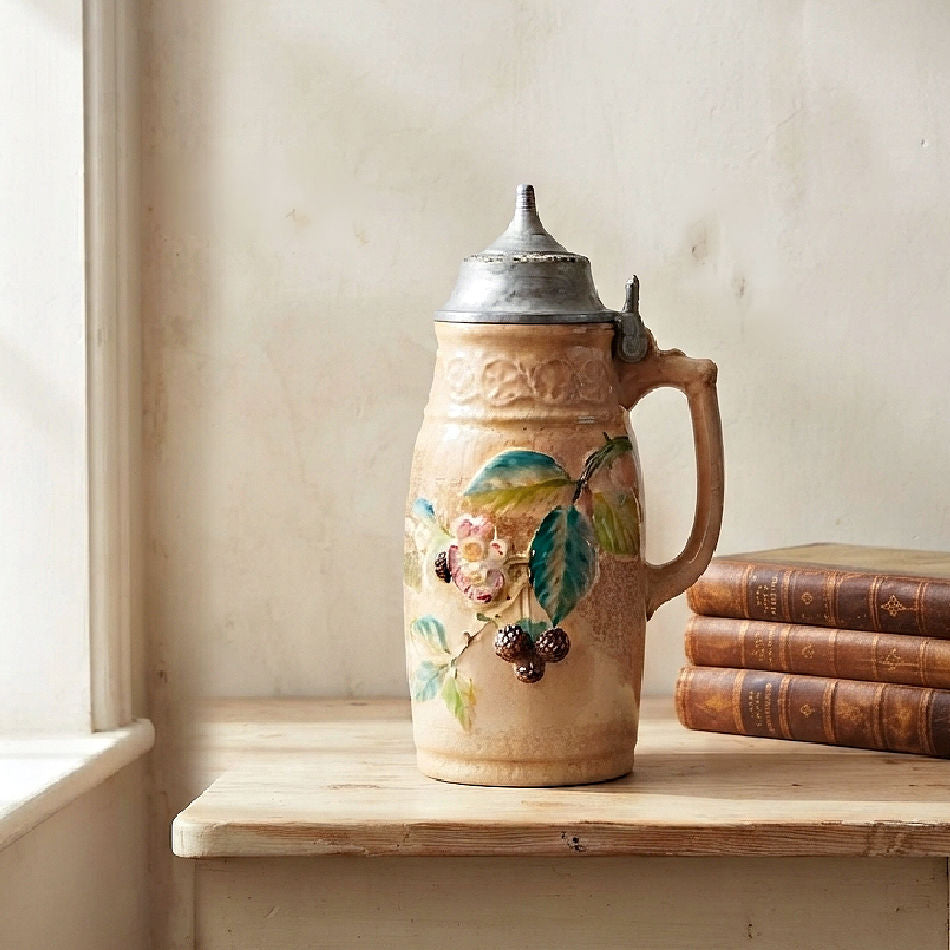 Antique 1875 Edwin Bennett Bramble Majolica Syrup Pitcher with Lid styled on a table with antique books
