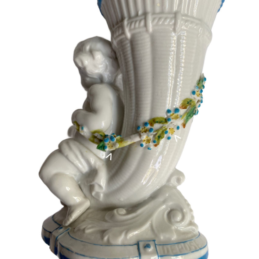 Antique 19th Century Porcelain Cherub Cornucopia Urn