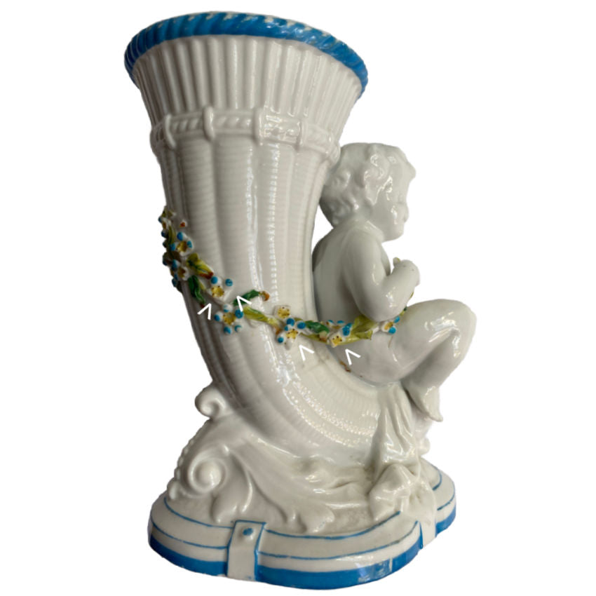 Antique 19th Century Porcelain Cherub Cornucopia Urn