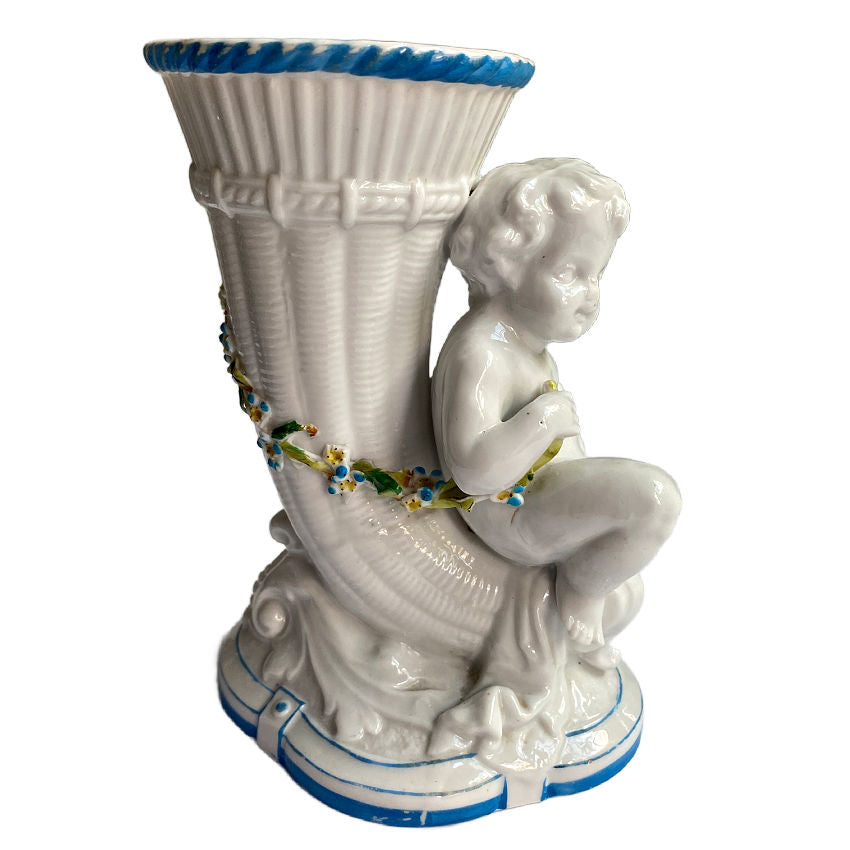 Antique 19th Century Porcelain Cherub Cornucopia Urn