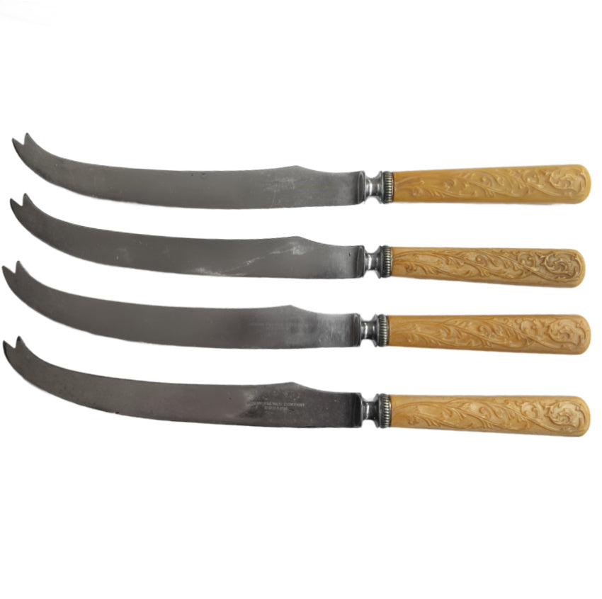 Antique Abram French Co. Boston celluloid knives (set of 4). Ornate French Ivory handles. Vintage flatware for cheese, bread, or dinner table elegance.