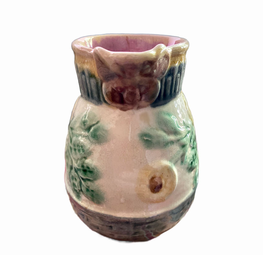 Antique Aesthetic Movement Etruscan Majolica Pottery Pitcher with butterfly