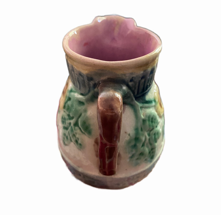 Antique Aesthetic Movement Etruscan Majolica Pottery Pitcher basket weave with flowers and butterfly