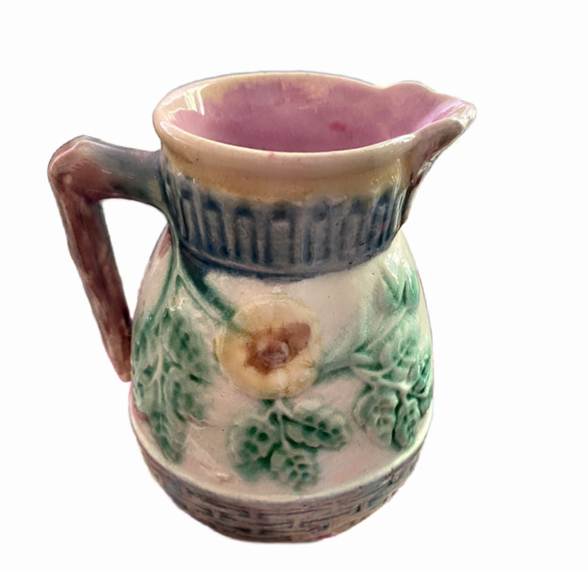 Antique Aesthetic Movement Etruscan Majolica Pottery Pitcher for cream with yellow flowers and pink interior
