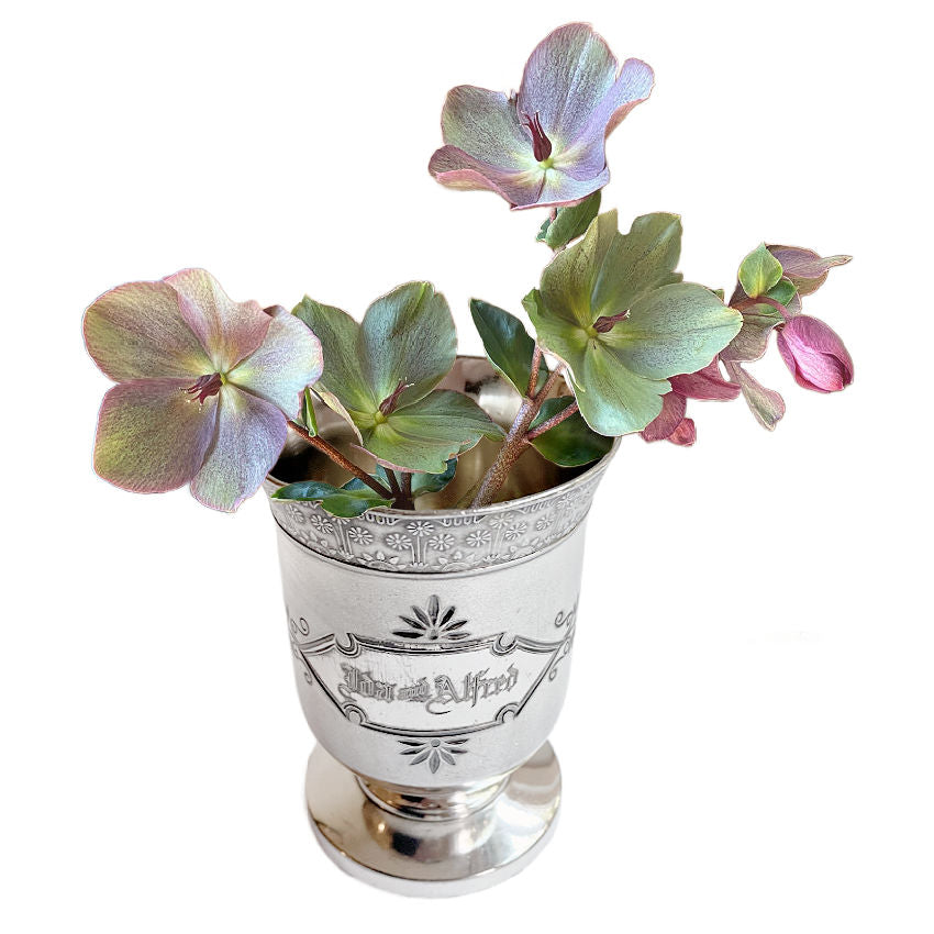 Antique Meriden B. Company quadruple plated silver wedding wine cup, engraved Ida &amp; Alfred. Late 19th-century American silverplate keepsake.