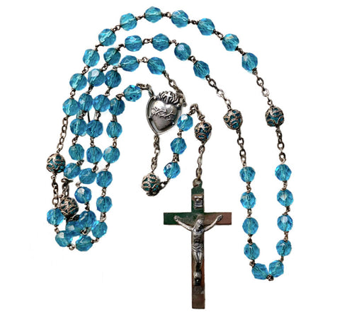 Antique aquamarine glass rosary hand faceted beads silver filigree Our Father beads Italian cross