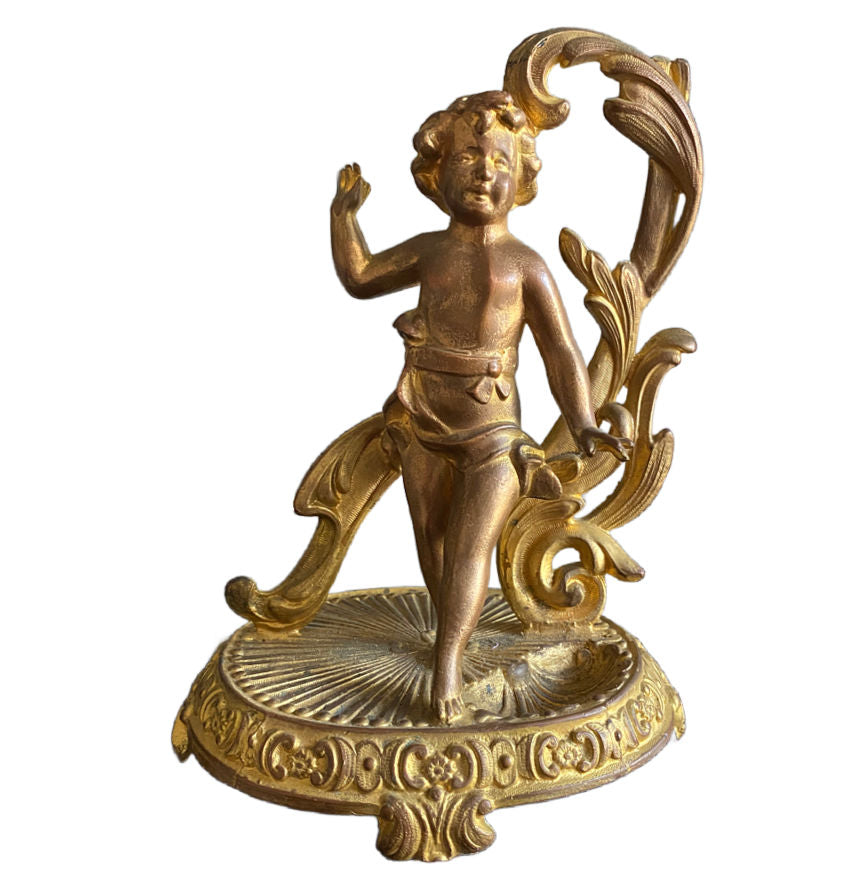 Antique Art Nouveau Gilded Metal Figural Cherub on Stand