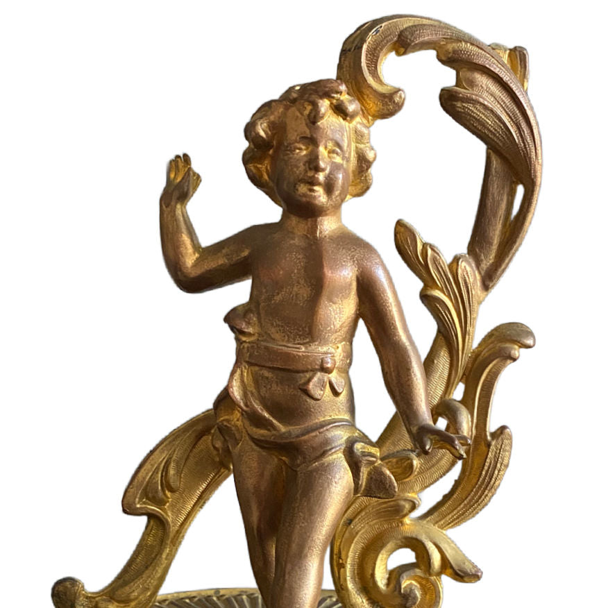Antique Art Nouveau Gilded Metal Figural Cherub on Stand