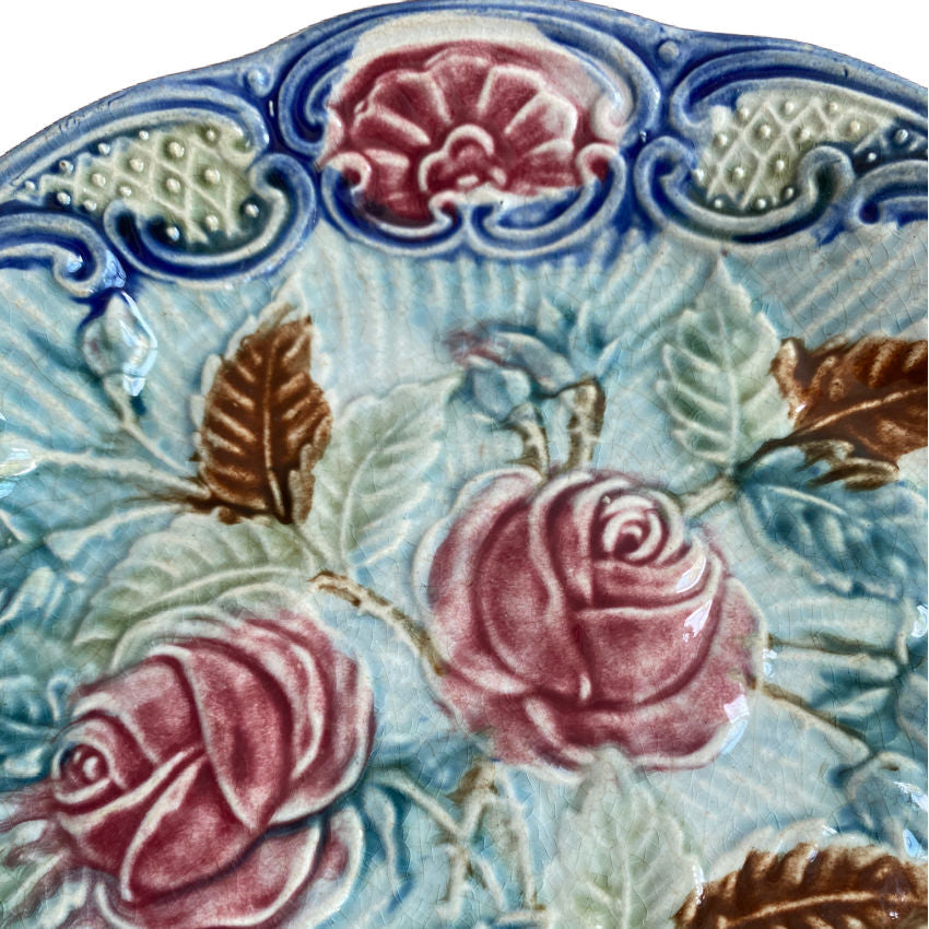 Late 19th century Belgian Wasmuel floral majolica wall plate rose motif scalloped rim