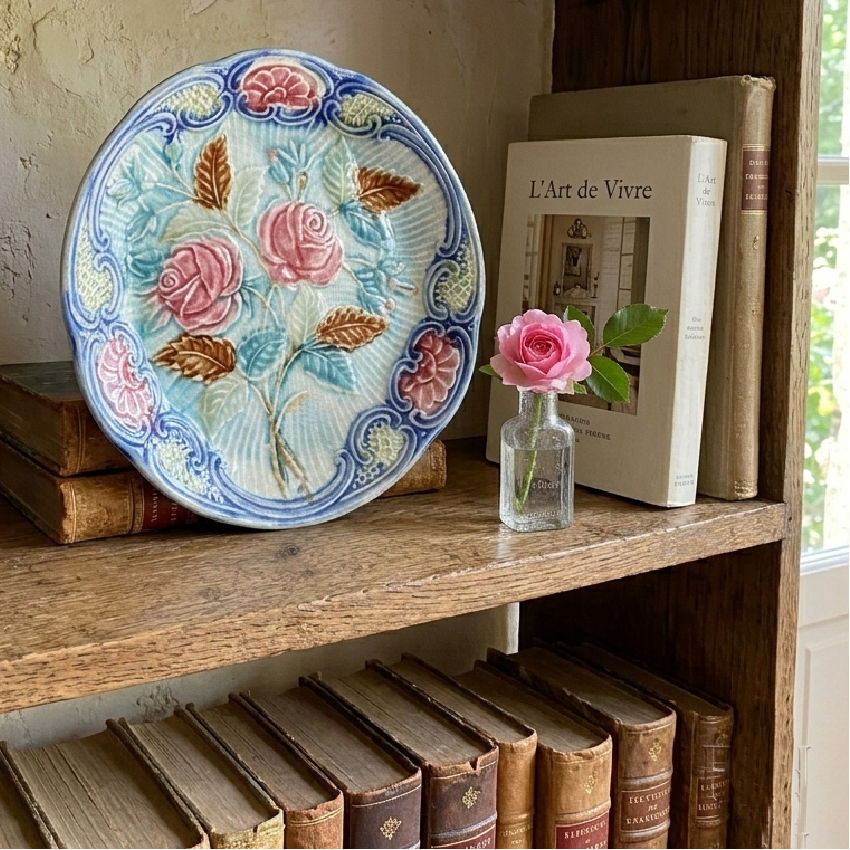 Antique Wasmuël hand painted rose majolica plate decorative wall display in French Country living room