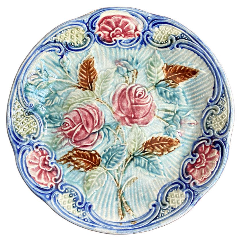 Antique Wasmuel Majolica Rose Plate, Late 19th Century