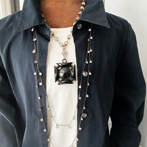 Antique black mourning Maltese Cross necklace with rutilated quartz beads, one-of-a-kind statement jewelry, symbolic collectible gift for discerning collectors.