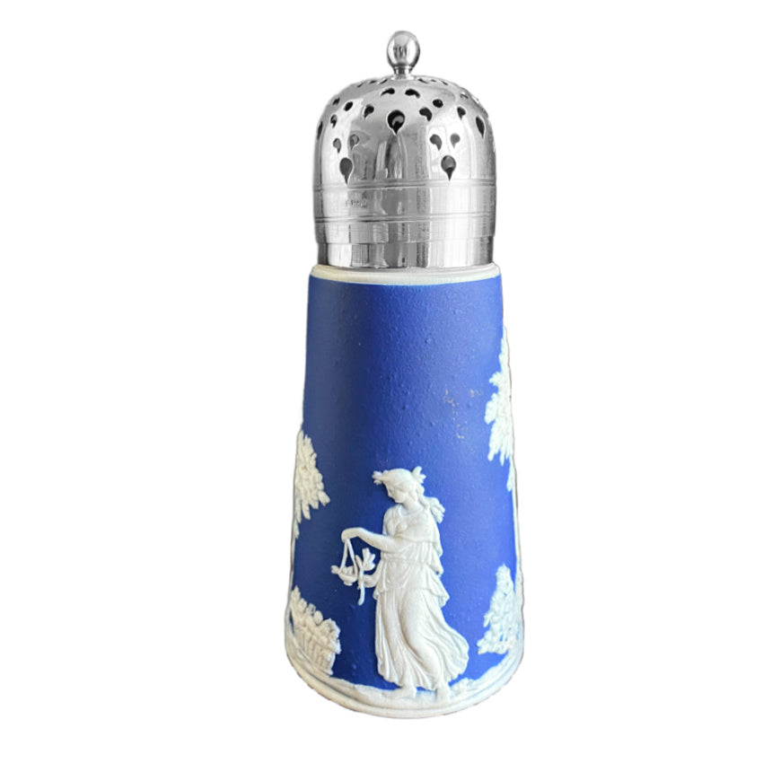 Neoclassical goddess design on antique blue jasperware sugar shaker