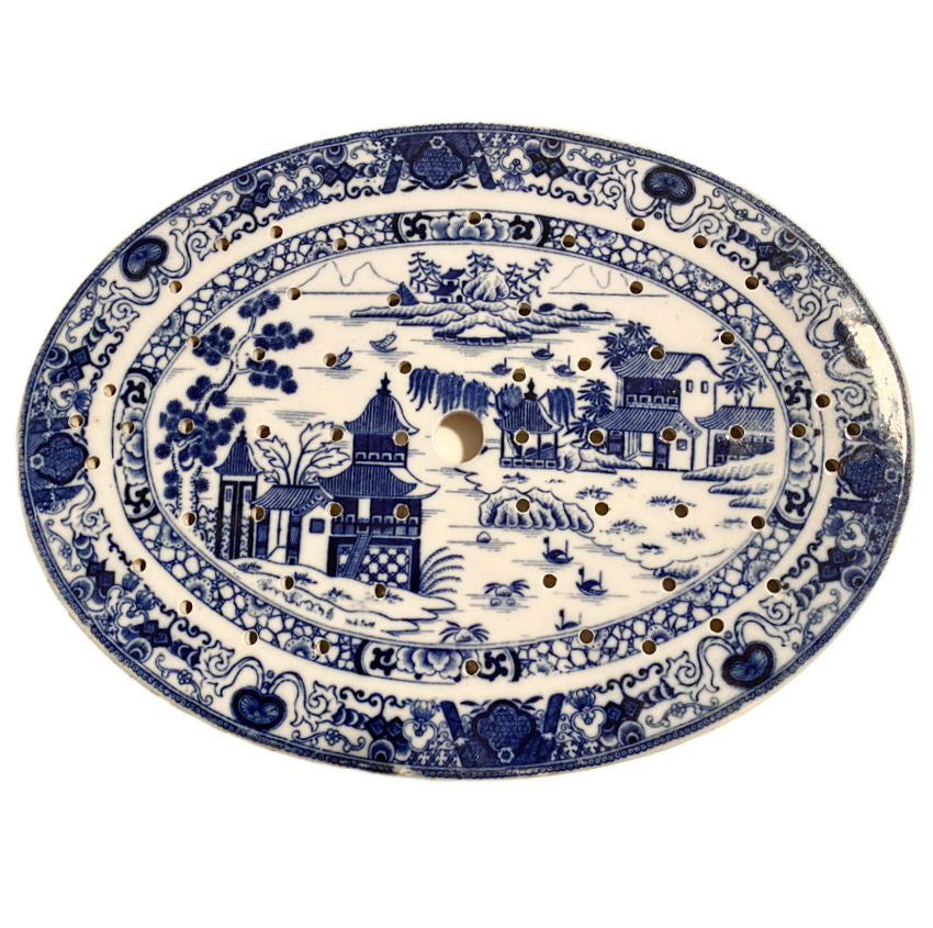 Luxe Antique 1862 Ashton & Sons Staffordshire Blue & White Chinoiserie Drainer with hand-pierced design and poetic pagoda scene; rare and highly desirable.
