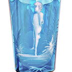 Hand-painted white enamel boy on antique Bohemian turquoise glass tumbler