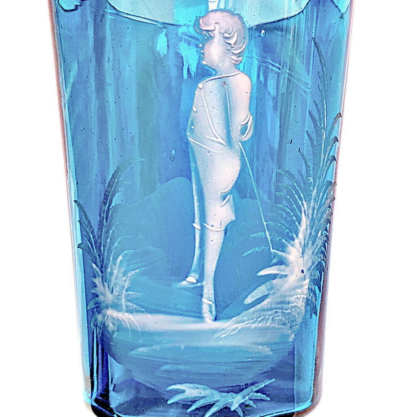 Hand-painted white enamel boy on antique Bohemian turquoise glass tumbler