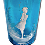 Hand-painted white enamel girl on antique Bohemian turquoise glass tumbler