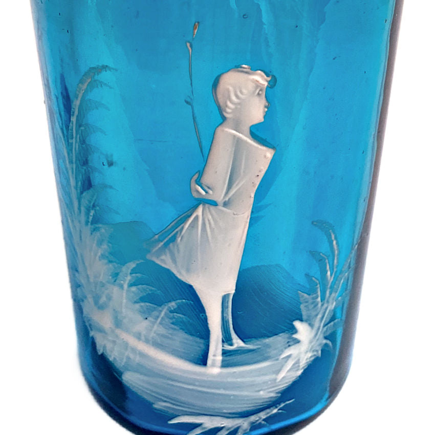 Hand-painted white enamel girl on antique Bohemian turquoise glass tumbler