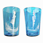 Antique Bohemian turquoise glass tumblers with décoration à la neige boy and girl pair