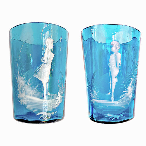 Antique Bohemian turquoise glass tumblers with décoration à la neige boy and girl pair