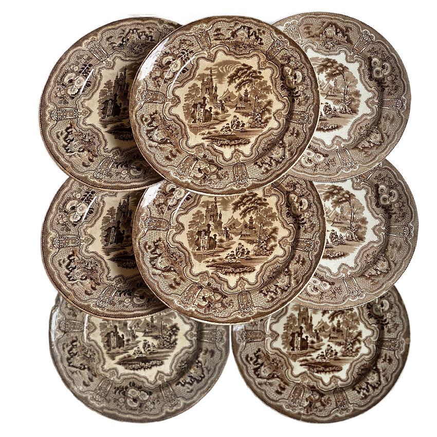 Antique Brown &amp; White 1850&#39;s Transfer Plates Set of 8