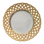 Single antique Charles Pillivuyt French porcelain plate with pierced lattice border and gold accents